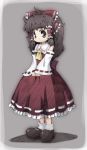  black_eyes black_hair bow brown_eyes brown_hair detached_sleeves eyebrows hair_bow hakurei_reimu kanno large_shoes mary_janes shoes short_hair smile solo standing touhou 