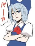  atoshi blue_eyes blue_hair bow cirno crossed_arms hair_bow ribbon short_hair sketch solo touhou translated translation_request 