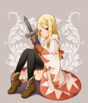  b.tarou blonde_hair blush braid brown_eyes class_change final_fantasy final_fantasy_tactics gloves robe shoes sitting solo sword thigh-highs thighhighs weapon white_mage white_mage_(fft) 