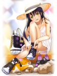  bare_shoulders blush breasts cat cleavage dress hat high_heels kanipanda long_hair open_mouth original purple_hair shoes sitting sneakers straw_hat sundress tying yellow_eyes 