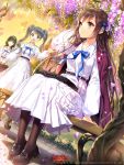  2015 3girls bag belt bench black_hair blue_eyes briefcase brown_eyes brown_hair cocoon_(loveririn) dress dutch_angle female flower furyou_michi_~gang_road~ hair_ribbon hand_in_hair jacket jacket_on_shoulders long_hair long_sleeves looking_to_the_side multiple_girls open_clothes open_jacket open_mouth original pantyhose petals ribbon school school_bag school_uniform sitting smile sunset tree twintails very_long_hair white_dress 