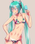  1girl bikini bikini_pull bikini_tan collarbone commentary_request fingernails fingers hands hatsune_miku long_hair looking_down nail_polish navel popsicle pulled_by_self ribs small_breasts solo stomach swimsuit tan tanline toned twintails vocaloid wokada 