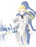  1girl blonde_hair bodysuit braid claymore claymore_(sword) collarbone grey_eyes highres ophelia pauldrons pointy_ears shadow solo 