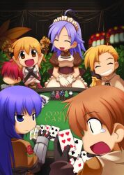  3boys 3girls acolyte_(ragnarok_online) ahoge apron armor blonde_hair breastplate breasts brown_capelet brown_dress brown_hair brown_sash bush capelet card chibi chibi_only closed_eyes collared_dress comodo_casino dress floral_print frilled_apron frills gambling gloves grin holding holding_card indoors kafra_uniform long_hair long_sleeves looking_at_another maid maid_headdress medium_breasts multiple_boys multiple_girls novice_(ragnarok_online) official_art open_mouth pavianne_(ragnarok_online) playing_card poker poker_chip poker_table puffy_short_sleeves puffy_sleeves purple_hair ragnarok_online red_hair rose_print shaded_face shirt short_hair short_sleeves sleeveless sleeveless_shirt smile standing swordsman_(ragnarok_online) table third-party_source upper_body violet_eyes white_apron white_capelet white_gloves white_shirt yuichirou 