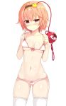  1girl blush bra eyeball full-face_blush hairband heart highres komeiji_satori looking_at_viewer mokumokuren_(atariya_kyoushitsu) navel panties pink_hair red_eyes short_hair simple_background solo string sweatdrop thigh-highs third_eye touhou underwear white_background white_legwear 