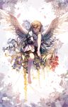  1girl angel_wings bike_shorts brown_eyes brown_hair character_request commentary_request copyright_request dress feathered_wings flower full_body hands_on_own_knees korean long_hair petals ser323 sitting solo tree very_long_hair white_dress wings 