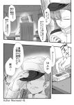  comic desk english female_admiral_(kantai_collection) hat_over_eyes kantai_collection monochrome toritora translation_request uniform 