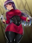  1girl black_legwear bodysuit cowboy_shot eyebrows eyebrows_visible_through_hair gloves hips long_hair looking_at_viewer natsume_(pokemon) nonohachi pantyhose pokemon purple_hair red_eyes shiny shiny_clothes shiny_hair smile solo standing thighs toned whip white_gloves 