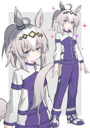  1girl absurdres ahoge amane_ito animal_ears blue_eyes blush border closed_mouth commentary_request full_body grey_background grey_hair hair_ornament highres horse_ears horse_girl horse_tail jacket kasamatsu_tracen_training_uniform long_hair multicolored_hair multicolored_jacket multiple_views oguri_cap_(umamusume) outside_border ponytail purple_jacket purple_track_suit standing star_(symbol) streaked_hair tail track_suit two-tone_jacket umamusume umamusume:_cinderella_gray white_border white_hair white_jacket 