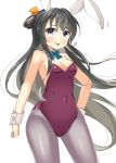  1girl :p adapted_costume alternate_costume animal_ears bare_shoulders black_hair breasts bunnysuit fake_animal_ears grey_hair hair_ornament hair_ribbon kankitsunabe_(citrus) kantai_collection leotard long_hair looking_at_viewer multicolored_hair naganami_(kantai_collection) navel pantyhose purple_legwear rabbit_ears ribbon simple_background solo tongue tongue_out very_long_hair white_background wrist_cuffs wristband 