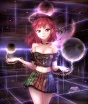  1girl bare_shoulders black_shirt blue_skirt breasts chain checkered checkered_skirt choker cleavage clothes_writing collarbone earth_(ornament) english galaxy glowing green_skirt hecatia_lapislazuli looking_at_viewer minust moon_(ornament) multicolored_skirt off_shoulder parted_lips red_eyes red_skirt redhead shirt short_hair skirt solo standing touhou 
