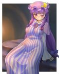  1girl adder bed belly blush breasts capelet covered_nipples dress hair_ribbon hat highres hips light long_hair long_sleeves looking_at_viewer mob_cap patchouli_knowledge pillow purple_hair red_eyes ribbon sidelocks sitting solo striped striped_dress thighs touhou tress_ribbon very_long_hair 