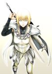  1girl armor armored_boots blonde_hair bodysuit breasts cape cielociel clare_(claymore) claymore claymore_(sword) collarbone from_above grey_eyes highres pale_skin pauldrons simple_background solo sword weapon 