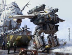  aircraft aircraft_carrier arm_cannon armor battletech blue_helmet blue_jacket crossover earmuffs eldoniousrex english_commentary goggles green_helmet green_jacket helmet jacket macross mecha mechanical_wings military_vehicle non-humanoid_robot outdoors painterly red_helmet redesign robot science_fiction ship ship_deck skull_and_crossbones skull_squadron sky smoke u.n._spacy urbanmech vernier_thrusters warship watercraft weapon white_armor wings yellow_jacket 