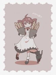 1girl aged_down ahoge alternate_costume apron bag baguette black_cat black_dress black_shoes blush bow bowtie bread cat child closed_mouth commentary dress drill_hair flat_chest food frilled_apron frills full_body hair_between_eyes highres holding holding_bag kasane_teto leg_up looking_at_viewer ontama_carbonara paper_bag red_eyes red_hair shoes solo standing standing_on_one_leg symbol-only_commentary twin_drills twintails utau white_apron white_bow white_bowtie