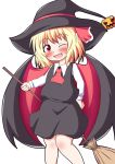  1girl ;d broom fang hair_ribbon halloween halloween_costume hat highres one_eye_closed open_mouth pumpkin red_eyes ribbon rumia shirt short_hair skirt smile solo touhou vest witch witch_hat yakumo_nanahara 