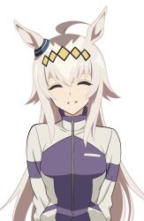  1girl absurdres ahoge animal_ears blue_jacket closed_eyes commentary ear_ornament facing_viewer grey_hair hair_ornament highres horse_ears horse_girl jacket kasamatsu_tracen_training_uniform kiyosuke_(kiyosuke023) long_hair oguri_cap_(umamusume) open_mouth simple_background smile solo track_jacket umamusume umamusume:_cinderella_gray upper_body white_background 