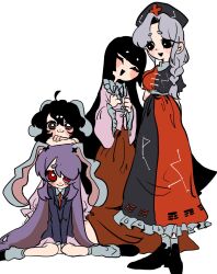  4girls ahoge animal_ears belt black_dress black_eyes black_hair black_hat black_shoes blue_jacket blush_stickers bow braid breasts brown_eyes clenched_hands closed_eyes closed_mouth collared_shirt constellation_print cross dress frills full_body grey_hair grey_shirt grey_socks hair_between_eyes hands_on_another's_head hands_up haniwa_kue hat highres hime_cut houraisan_kaguya inaba_tewi jacket japanese_clothes lapels long_hair long_sleeves looking_at_another looking_at_viewer low-braided_long_hair low-tied_long_hair medium_breasts multiple_girls necktie nurse_cap open_mouth parted_bangs pink_dress pink_shirt pink_skirt puffy_short_sleeves puffy_sleeves purple_hair rabbit_ears rabbit_girl red_dress red_eyes red_necktie red_skirt reisen_udongein_inaba shirt shoes short_hair short_sleeves sidelocks simple_background sitting skirt smile socks standing touhou two-tone_dress very_long_hair white_background white_belt white_bow wide_sleeves yagokoro_eirin 