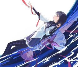  2girls akemi_homura argyle_clothes argyle_footwear black_boots black_capelet black_hairband boots bow bowtie buttons capelet center_frills chinese_commentary closed_eyes closed_mouth commentary_request different_reflection dress dress_bow english_commentary expressionless eyelashes feet_out_of_frame frilled_skirt frilled_sleeves frilled_socks frills hair_bow hairband highres kaname_madoka kneehighs layered_sleeves lolita_fashion long_hair long_sleeves looking_at_object lying lying_on_water magical_girl mahou_shoujo_madoka_magica mahou_shoujo_madoka_magica_(anime) miniskirt mixed-language_commentary multiple_girls no.0_fish on_back outstretched_arm petticoat pink_dress pink_hair pleated_skirt pointy_nose puffy_short_sleeves puffy_sleeves purple_bow purple_bowtie purple_capelet purple_hair purple_skirt red_bow red_ribbon reflection ribbon ripples short_dress short_hair short_sleeves short_twintails sidelocks skirt skirt_under_dress socks thigh_boots twintails two-tone_capelet violet_eyes white_background white_dress white_skirt white_sleeves white_socks 