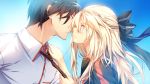  1boy 1girl aka-san_to_kyuuketsuki alexandra_ann-christine_axelina black_hair black_necktie black_ribbon blonde_hair eye_contact game_cg hair_ribbon hands_on_shoulders hetero incipient_kiss kuwashima_rein long_hair looking_at_another outdoors ribbon saito_yuu short_hair 