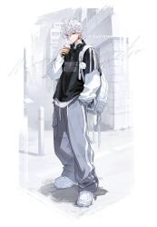  1boy absurdres antenna_hair artist_name backpack bag bag_charm baggy_clothes baggy_pants black_shirt bollard building chain chain_necklace character_name charm_(object) closed_mouth clothes_writing commentary_request crossed_bangs cup disposable_cup drawstring drinking_straw earrings frappuccino green_eyes grey_pants hair_between_eyes hair_ornament hand_in_pocket headphones headphones_around_neck heterochromia highres holding holding_cup jewelry layered_sleeves long_sleeves looking_at_viewer low_ponytail male_focus muksal murakumo_kagetsu necklace nijisanji pants ponytail shirt shoes short_hair short_over_long_sleeves short_ponytail short_sleeves shuriken_earrings sleeves_past_wrists smile solo standing turtleneck twitter_username violet_eyes virtual_youtuber watakumo_(murakumo_kagetsu) white_background white_bag white_hair white_shirt white_shoes x_hair_ornament 