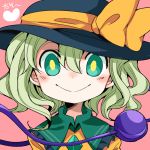  1girl blush eyeball face green_eyes green_hair hat hat_ribbon heart komeiji_koishi looking_at_viewer nono_(norabi) pink_background portrait ribbon shirt short_hair simple_background smile solo string third_eye touhou 