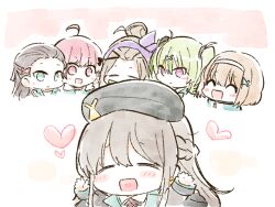  6+girls ahoge bangs_pinned_back beret blonde_hair braid breasts brown_hair earrings green_eyes green_hair hair_ornament hairband half_up_braid hat heaven_burns_red jewelry long_hair multicolored_hair multiple_girls ooshima_ichiko ooshima_isuzu ooshima_minori ooshima_muua ooshima_niina ooshima_yotsuha opi red_eyes red_hair short_hair siblings sisters team_31e_(heaven_burns_red) two_side_up yellow_eyes 