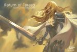  1girl 2014 armor artist_name artist_request blonde_hair cape character_name claymore claymore_(sword) dated english long_hair pauldrons signature solo teresa text watermark wavy_hair web_address 