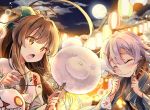  2girls ahoge bag bow brown_eyes brown_hair closed_eyes clouds commentary_request cotton_candy eating fang festival fish floral_print full_moon goldfish hair_bow huge_ahoge japanese_clothes kakao_rantan kantai_collection kimono kuma_(kantai_collection) lantern moon multiple_girls night open_mouth silver_hair sky tama_(kantai_collection) 