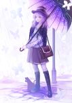  1girl absurdres bag black_boots blue_eyes boots butterfly cat eyebrows eyebrows_visible_through_hair handbag hat highres jewelry lamppost looking_to_the_side mr._j.w necklace original over_shoulder parasol princess purple purple_hair purple_skirt rain shawl skirt smile solo star striped_sleeves umbrella 