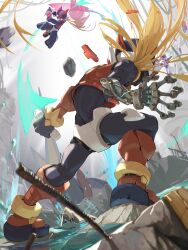  2boys absurdres armor battle battle_damage blonde_hair cyber_elf_(mega_man) cyber_elf_x_(mega_man) forehead_jewel from_behind group_picture helmet highres holding holding_sword holding_weapon long_hair male_focus mega_man_(series) mega_man_zero_(series) mega_man_zero_3 midair multiple_boys omega_(mega_man) omochi_(mochi_skymega) red_armor red_eyes red_helmet standing sword weapon x_(mega_man) zero(z)_(mega_man) zero_(mega_man) 