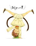  1girl animal_ears bloomers bow brown_eyes brown_hair cat_ears cat_tail chen full_body handstand hat hat_removed headwear_removed jewelry long_sleeves looking_at_viewer mob_cap multiple_tails open_mouth ryuhey shirt shoes simple_background single_earring skirt skirt_set smile socks solo tail text touhou underwear upside-down vest white_background white_legwear 