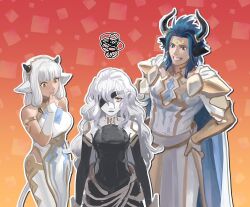  1boy 2girls acompletenonentity animal_ears ash_(fire_emblem) askr_(fire_emblem) blue_hair cow_boy cow_ears cow_girl dark-skinned_male dark_skin earrings embla_(fire_emblem) eyepatch fire_emblem fire_emblem_heroes grin horns jewelry long_hair multiple_girls pale_skin red_eyes single_earring smile tail white_hair 