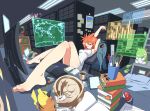  1girl armpits azusa_(pokemon) barefoot bed binder_clip blanket book book_stack bookmark bookshelf breasts chair claws closed_eyes coffee coffee_mug computer computer_keyboard computer_mouse computer_screen computer_tower crossed_legs crumpled_paper cup desk dual_monitor eraser feet feet_on_table floating_screen fluorescent_lamp foreshortening graph jacket jacket_removed laptop linoone looking_at_viewer map messy_room monitor office_chair one_eye_closed open_book orange_eyes orange_hair paper paperclip pen pencil piggy_bank pikachu pillow plant poke_ball poke_ball_print pokemon pokemon_(creature) pokemon_(game) potted_plant rattata reclining revision ruler sandals_removed server shiny shiny_hair short_hair sitting sleeping sleeveless slippers steam stretch substitute sweater tablet_pc tm_(hanamakisan) toenails waveform world_map 