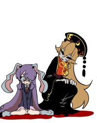  2girls animal_ears belt black_dress black_hat black_shoes blonde_hair blue_jacket breasts brown_belt chinese_clothes closed_eyes collared_shirt colored_skin crescent crescent_print dalachi_(headdress) dress eyelashes grey_shirt grey_skin grey_socks hair_between_eyes haniwa_kue hat highres jacket junko_(touhou) lapels large_breasts long_hair long_sleeves looking_down mandarin_collar multiple_girls neck_ribbon necktie open_mouth phoenix_print pink_skirt pom_pom_(clothes) purple_hair rabbit_ears rabbit_girl red_eyes red_necktie red_tabard reisen_udongein_inaba ribbon scared shadow shirt shoes sidelocks simple_background sitting skirt smile socks squatting sweat tabard tassel touhou very_long_hair white_background wide_sleeves yellow_ribbon 