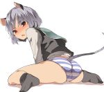  1girl animal_ears ass black_legwear blush eyebrows eyebrows_visible_through_hair from_behind full-face_blush full_body grey_hair hasebe_yuusaku long_sleeves looking_at_viewer looking_back mouse_ears mouse_tail nazrin no_pants open_mouth panties red_eyes shirt short_hair simple_background sitting socks solo striped striped_panties sweatdrop tail touhou underwear vest wariza white_background 