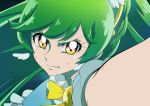  1girl absurdres brooch clenched_teeth close-up earrings green_hair highres jewelry long_hair magical_girl original pale_skin precure rona67 serious solo yellow_eyes 