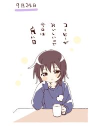  1girl blue_shirt blush_stickers brown_eyes brown_hair closed_mouth collarbone commentary_request cup funami_yui head_rest highres holding holding_cup long_sleeves namori shirt short_hair simple_background smile solo translation_request upper_body white_background yuru_yuri 