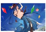  1girl arm_up back back_cutout blue_hair blush breasts dutch_angle food from_behind fruit hat hinanawi_tenshi long_hair looking_at_viewer looking_back peach profile red_eyes ribbon short_sleeves skirt sky solo sword tetsurou_(fe+) touhou water weapon 