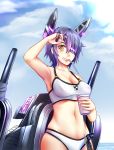  1girl armpits bare_arms bare_legs bare_shoulders bikini breasts cleavage collarbone eyepatch grin headgear kantai_collection looking_at_viewer machinery mecha_musume mochi_(chain_csn) navel purple_hair short_hair smile solo swimsuit tenryuu_(kantai_collection) white_bikini white_swimsuit yellow_eyes 