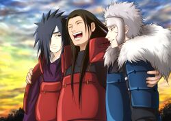  3boys akilaeeee armor black_eyes black_hair brown_hair closed_eyes clouds cloudy_sky commentary_request evening forehead_protector fur_collar grey_hair hair_over_one_eye happy japanese_armor konohagakure_symbol long_hair long_sleeves male_focus multiple_boys naruto naruto_(series) ninja one_eye_covered outdoors red_eyes scar scar_on_face senju_hashirama senju_tobirama short_hair shoulder_armor sky smile spiky_hair uchiha_madara 