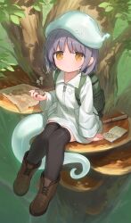  1girl :&lt; absurdres aqua_hat backpack bag black_thighhighs book brown_shoes cloneko_(zelmeledf2) closed_mouth collarbone commission dot_nose food_print forest frown green_bag grey_hair hat highres holding_compass jacket long_sleeves looking_at_viewer mushroom mushroom_print nature open_book orange_eyes original personification second-party_source shoes short_hair sitting skeb_commission solo spyglass tail thigh-highs treasure_map tree white_jacket zettai_ryouiki 