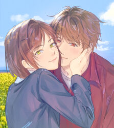  1boy 1girl absurdres black_jacket blue_sky brown_eyes brown_hair closed_mouth clouds cloudy_sky field flower flower_field green_eyes hbcommission hetero highres jacket long_hair looking_at_viewer luke_pearce_(tears_of_themis) outdoors red_sweater rosa_(tears_of_themis) shirt short_hair sky smile summer sunflower sunflower_field sweater tears_of_themis white_shirt 