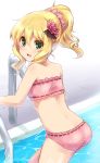  1girl :d absurdres alternate_hairstyle ass back bikini blonde_hair blush climbing flower frilled_bikini frills from_behind green_eyes hair_flower hair_ornament highres idolmaster idolmaster_cinderella_girls looking_at_viewer looking_back open_mouth paopao pink_bikini pool pool_ladder poolside ribbon-trimmed_bikini ribbon_trim sakurai_momoka scrunchie short_hair smile solo swimsuit twitter_username 