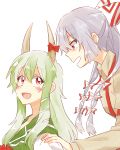 1girl :d blush bow collared_shirt dress ex-keine fujiwara_no_mokou green_hair hair_bow hand_on_another&#039;s_shoulder horn_bow horns kamishirasawa_keine large_bow long_hair open_mouth pants red_eyes shirt silver_hair six_(fnrptal1010) smile solo suspenders touhou 
