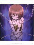  1girl bdsm bondage book bound brown_hair chain closed_eyes covering covering_breasts hair_ornament hairclip highres holding holding_book lyrical_nanoha mahou_shoujo_lyrical_nanoha mahou_shoujo_lyrical_nanoha_a&#039;s mikazuki_akira! navel nude page_number purple_background short_hair solo x_hair_ornament yagami_hayate 