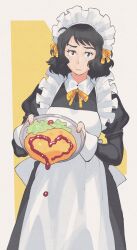  absurdres apron brown_eyes frown highres holding holding_plate inkerton-kun looking_at_viewer maid maid_apron maid_headdress medium_hair plate 