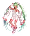  1girl :d absurdres animal_ears bell bell_collar breasts cat_ears collar covered_navel covered_nipples dark_skin dio_uryyy fingerless_gloves full_body gloves green_hair highres long_hair looking_at_viewer open_mouth original sideboob simple_background small_breasts smile solo twintails very_long_hair white_background yellow_eyes 