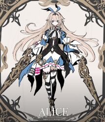  1girl 2025 alice_(alice_in_wonderland) alice_in_wonderland blonde_hair blue_eyes character_name closed_mouth dated dual_wielding full_body hibiki04014 highres holding holding_sword holding_weapon horizontal-striped_thighhighs long_hair original solo sword twitter_username very_long_hair weapon 