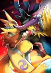  battle claws digimon kotatsucats lucario mega_lucario no_humans pokemon pokemon_(creature) renamon spikes watermark 